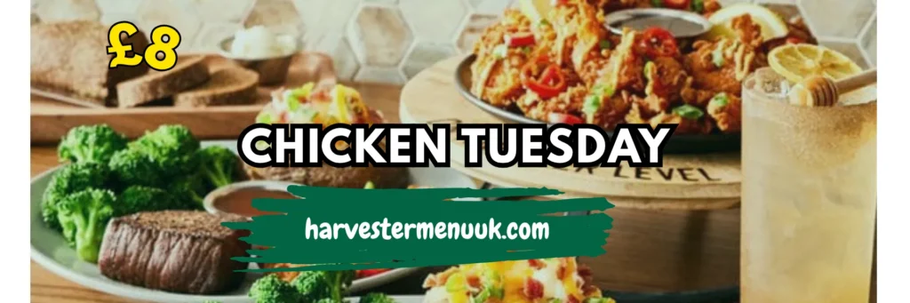 Home Page Gallery Image shows Harvester Chicken Tuesday Offer with foodie Background image