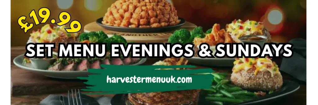 Home Page Gallery Image shows a Harvester menu UK deal named Set Menu Evenings & Sundays with price