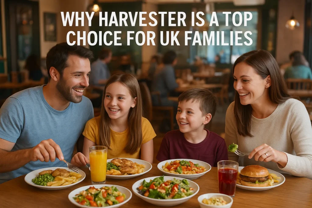 An image shows a Harvester family enjoy their food shows Why Harvester is a Top Choice for UK Families
