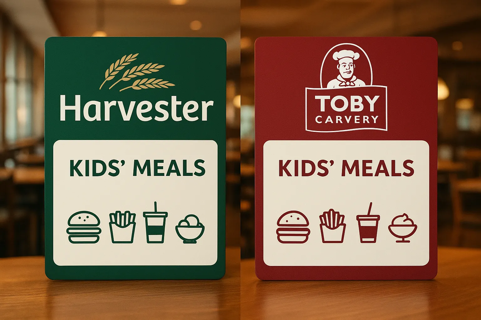 Harvester vs Toby Carvery image showing Harvester and Toby Carvery with their original logos and kids menu price comparison for UK families.